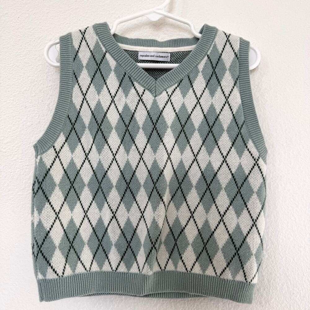 Cupcakes and Cashmere Argyle Sweater‎ Vest Green White Preppy Girls Size 10/12